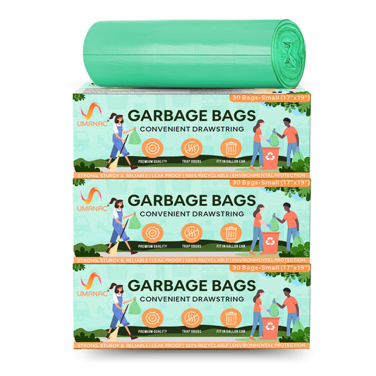 Umanac Garbage Bags- 30N | Small (17x19) | Green Trash Bags | 100% Recycable | Heavy Duty Dustbin Bags | Leak-Proof | Odour Control | Detachable Drawstring | Pack of 3