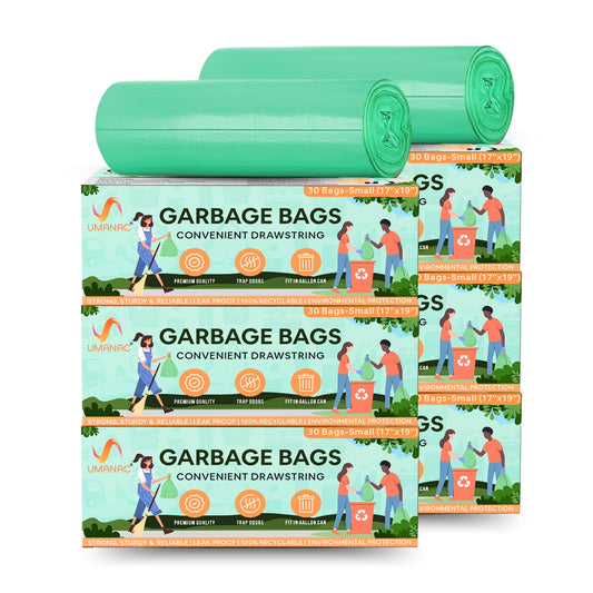 Umanac Garbage Bags- 30N | Small (17x19) | Green Trash Bags | 100% Recycable | Heavy Duty Dustbin Bags | Leak-Proof | Odour Control | Detachable Drawstring | Pack of 6