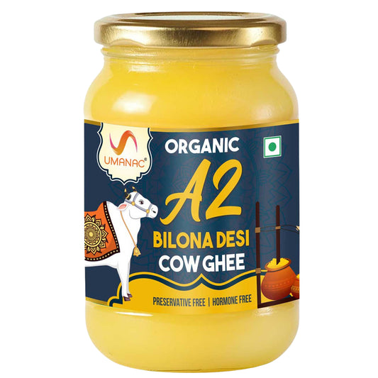 Umanac A2 Bilona Ghee 500ML | 100% Organic & Healthy | Sourced from Desi Cow | Grass Fed | Bilona Method | Hand Churned | 100% Pure & Natural Ghee | Certified & Tested