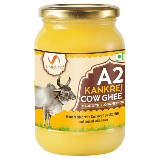 Umanac A2 Kankrej Cow Ghee-500ML | A2 Cow Desi Pure Ghee | Organic Grass Fed Cows | Traditional Bilona Method Ghee | Glass Jar | Enhance Immunity | No Artificial Additives