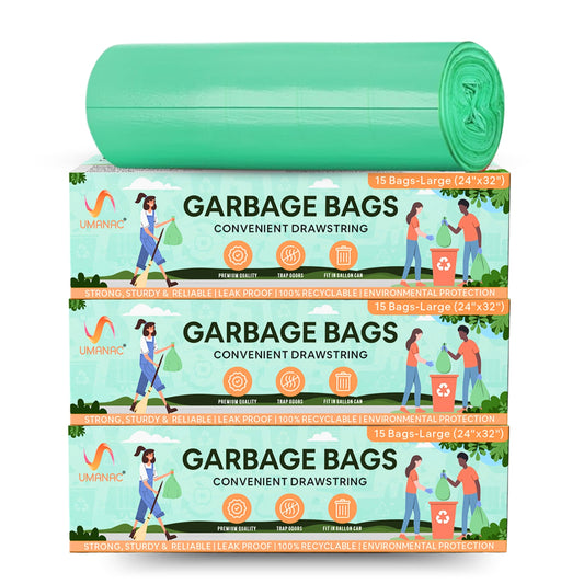 Umanac Garbage Bags- 15N | Large (24x32) | Green Trash Bags | 100% Recycable | Heavy Duty Dustbin Bags | Leak-Proof | Odour Control | Detachable Drawstring | Pack of 3