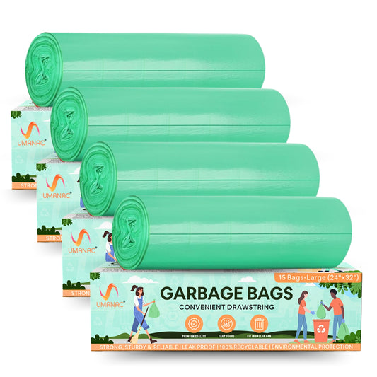 Umanac Garbage Bags- 15N | Large (24x32) | Green Trash Bags | 100% Recycable | Heavy Duty Dustbin Bags | Leak-Proof | Odour Control | Detachable Drawstring | Pack of 4