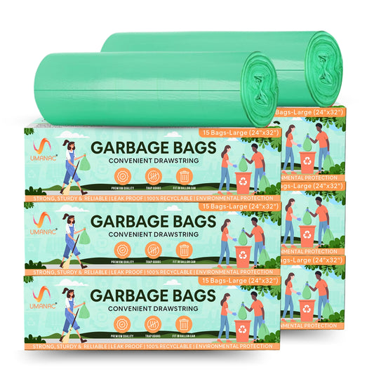 Umanac Garbage Bags- 15N | Large (24x32) | Green Trash Bags | 100% Recycable | Heavy Duty Dustbin Bags | Leak-Proof | Odour Control | Detachable Drawstring | Pack of 6