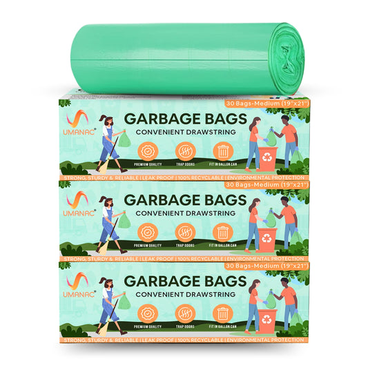 Umanac Garbage Bags- 30N | Medium (19x21) | Green Trash Bags | 100% Recycable | Heavy Duty Dustbin Bags | Leak-Proof | Odour Control | Detachable Drawstring | Pack of 3