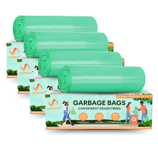 Umanac Garbage Bags- 30N | Medium (19x21) | Green Trash Bags | 100% Recycable | Heavy Duty Dustbin Bags | Leak-Proof | Odour Control | Detachable Drawstring | Pack of 4