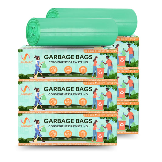Umanac Garbage Bags- 30N | Medium (19x21) | Green Trash Bags | 100% Recycable | Heavy Duty Dustbin Bags | Leak-Proof | Odour Control | Detachable Drawstring | Pack of 6