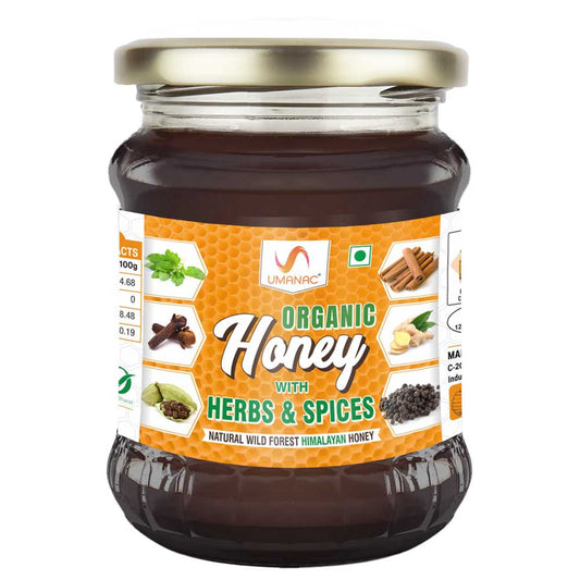 Umanac Organic Honey- 250GM | With Herbs & Spices | 100% Natural | Pure Raw Honey | Wild Forest Himalayan Honey | No Sugar Adulteration | Glass Jar | Clinically Tested